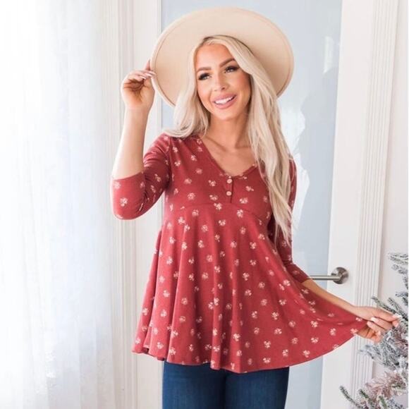 Reb. In J Rust Floral Baby Doll Fall 3/4 Sleeve V-Neck Blouse- Size Large - Picture 3 of 9